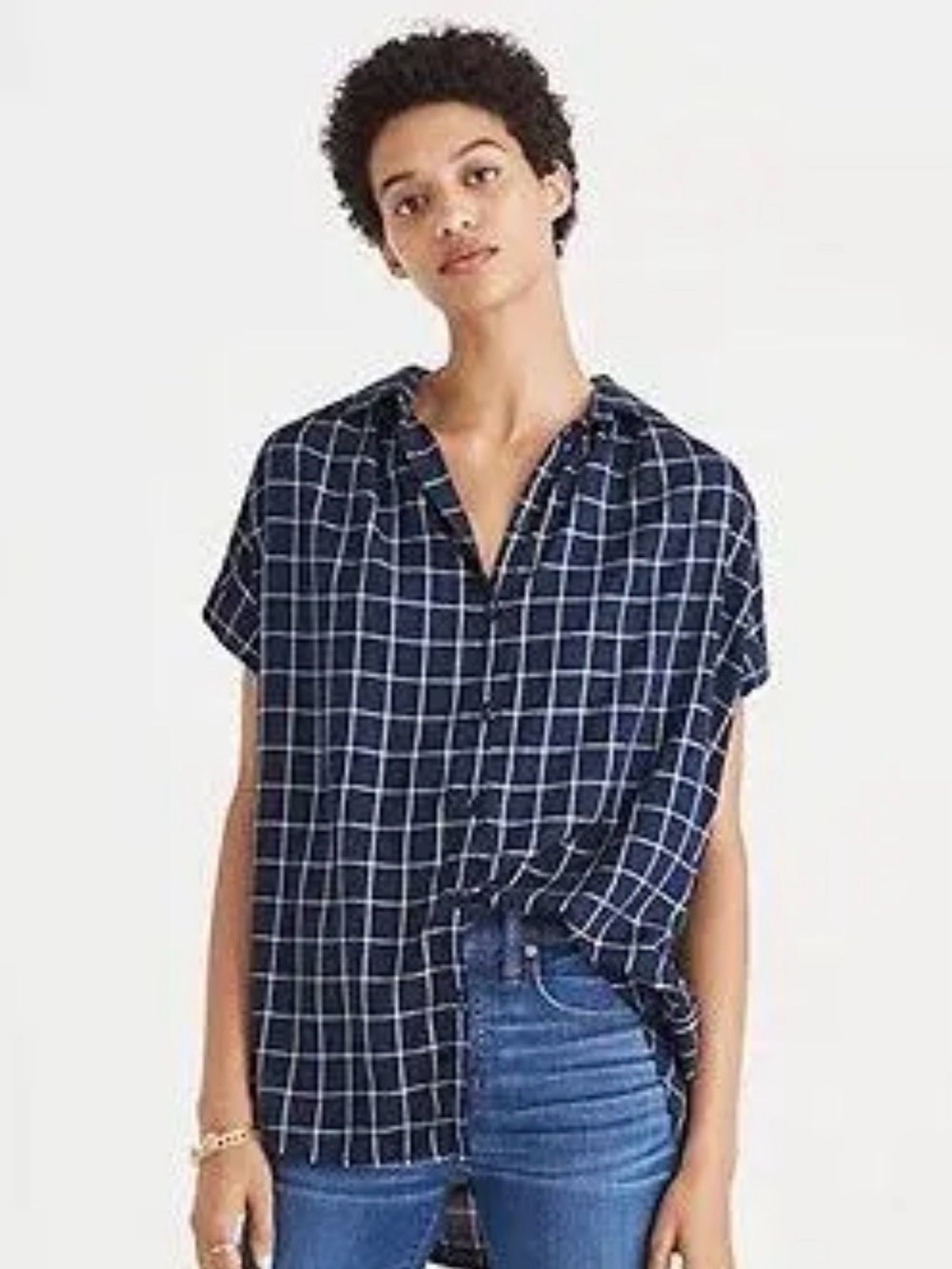 NWT MADEWELL CENTRAL NAVY WINDOWPANE SHORT SLEEVE BUTTON DOWN SHIRT TOP! $69.50!